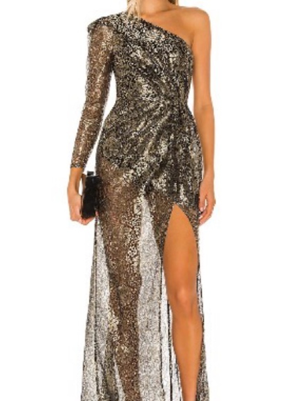 Revolve Camila Coelho One-Shoulder Sequin Evening Gown in Metallic Gold
